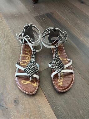 Sam Edelman White Beaded T-Strap Sandals